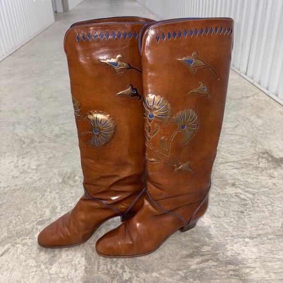Women POLLINI Vintage Brown All Leather Riding Boot Italy SZ 38 embellished - Picture 1 of 11